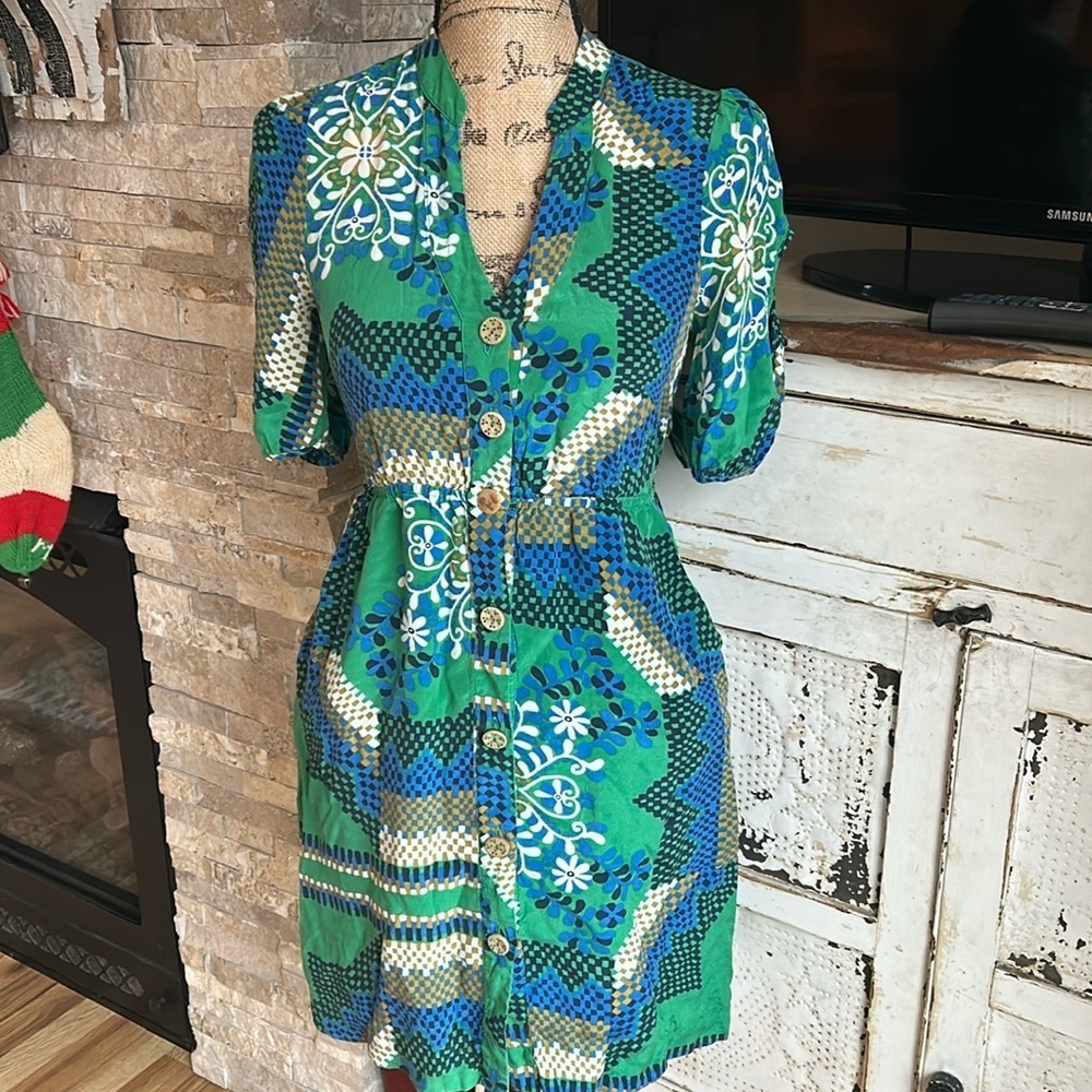 Anthro Moulinette Soeurs 100% silk short sleeve blue green geometric mini dress